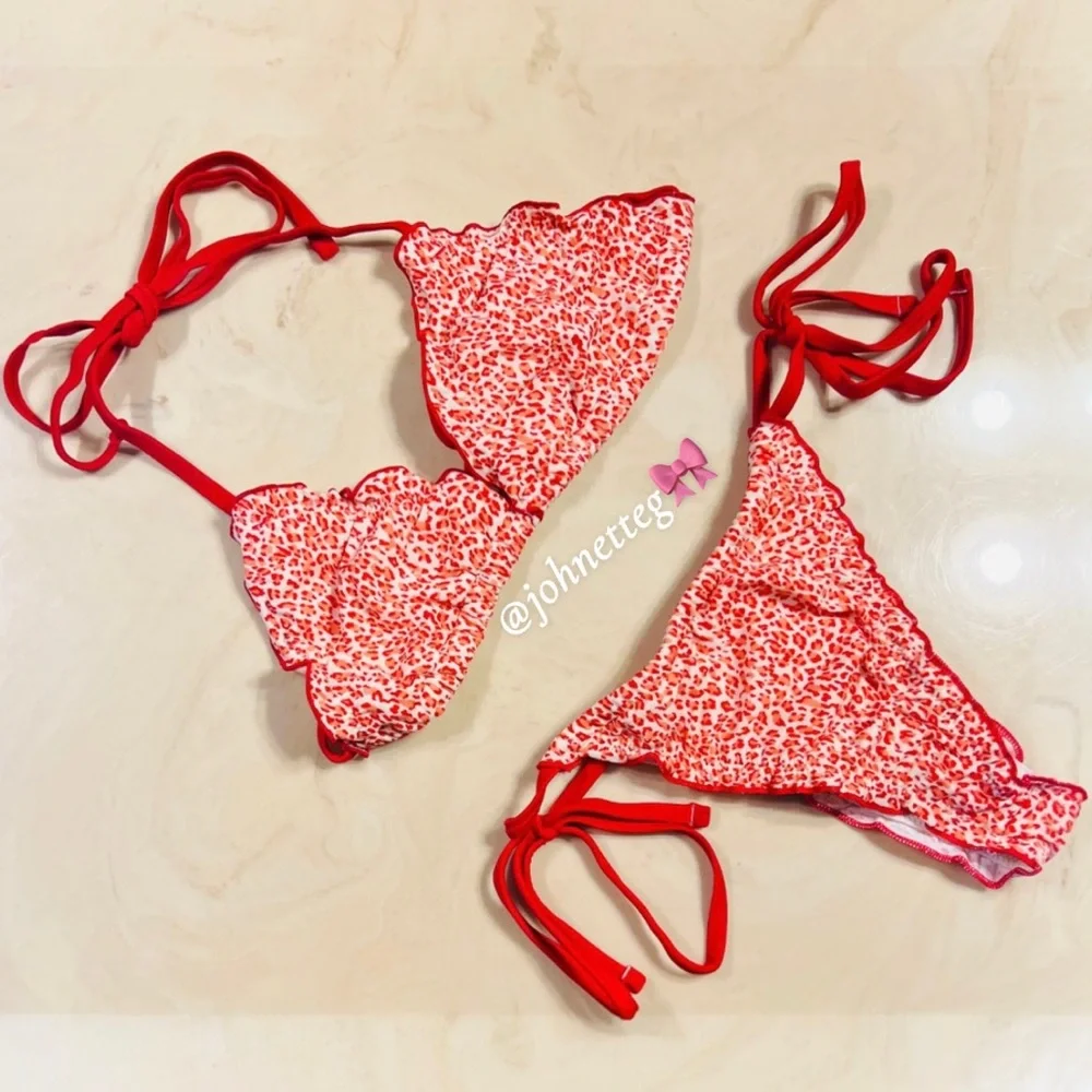 PINK x FRANKIES BIKINIS Cape May Bikini Top & Reign Bikini Bottom Red Leopard M